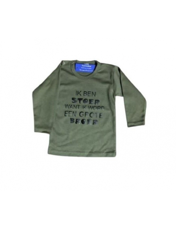Baby T-Shirt Aankondiging bekendmaking zwangerschap, tekst. Ik ben stoer want ik word grote broer ©, legergroen